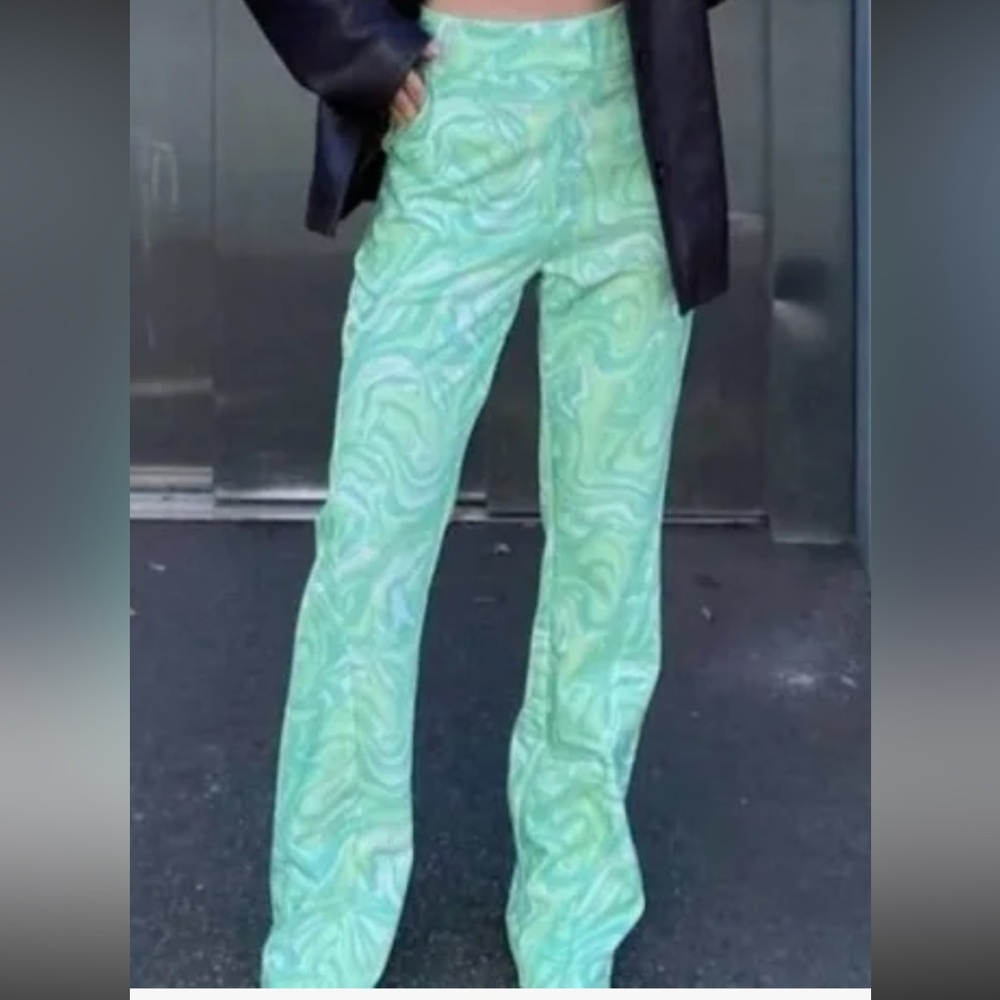 House of Sunny Green Swirl Patterned Flare Pants